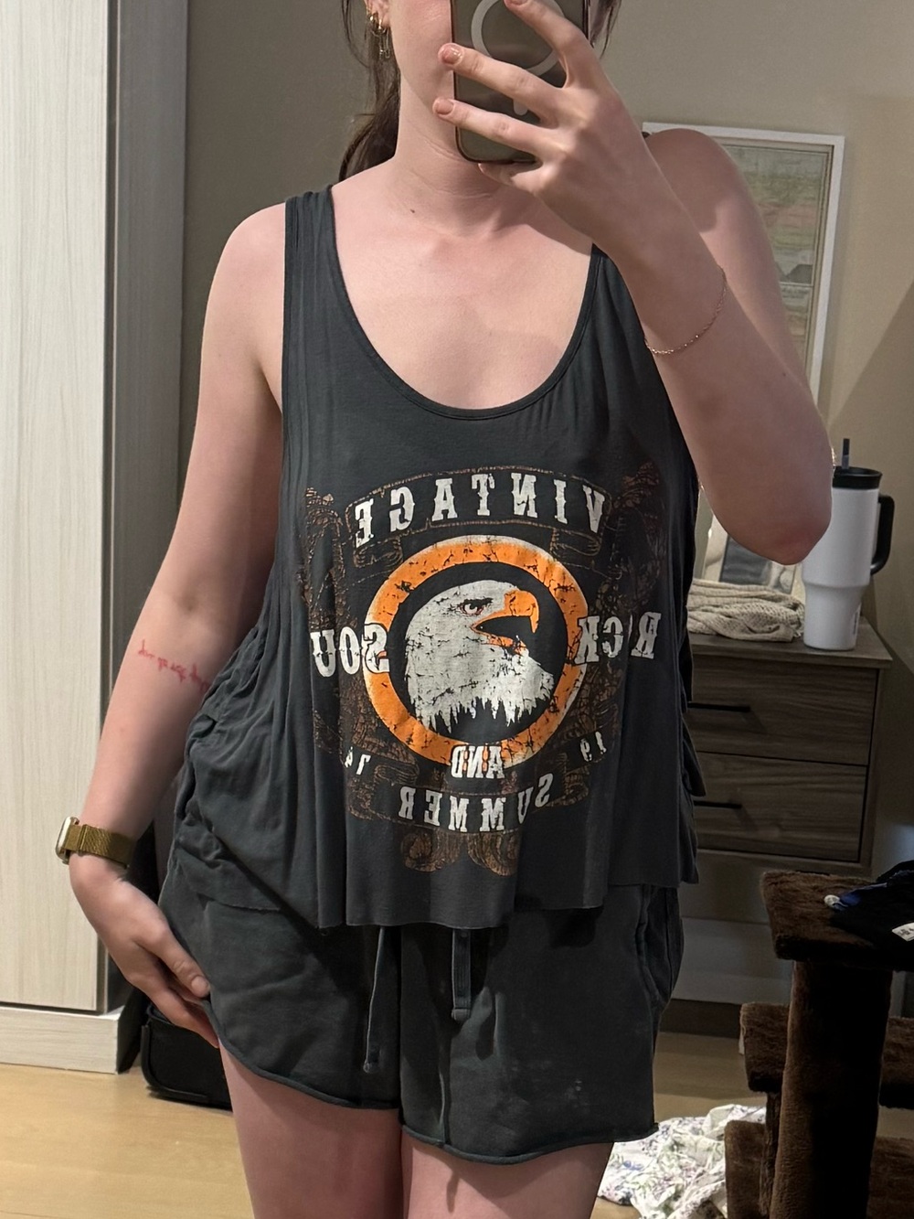 Forever 21 Black Tank Top with Orange & White Eagle Graphic